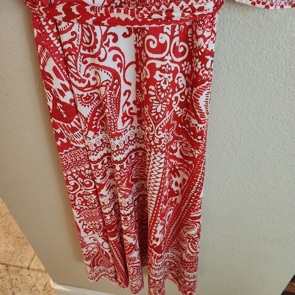 Women's Red Printed Belted Summer Jersey Dress Tropical Vacation Spring - Picture 6 of 6